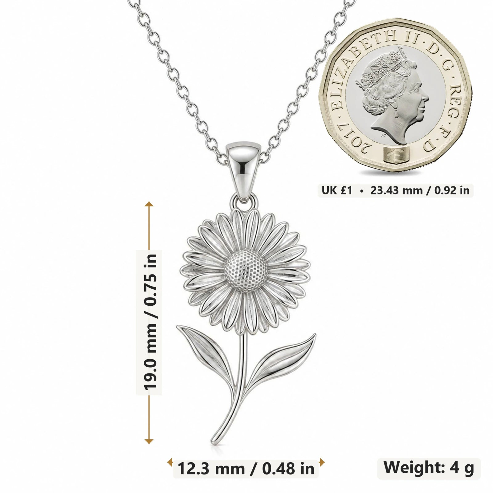 Gerbera Daisy Flower pendant necklace size image showing 19 mm height and 12.3 mm width and 4 g weight