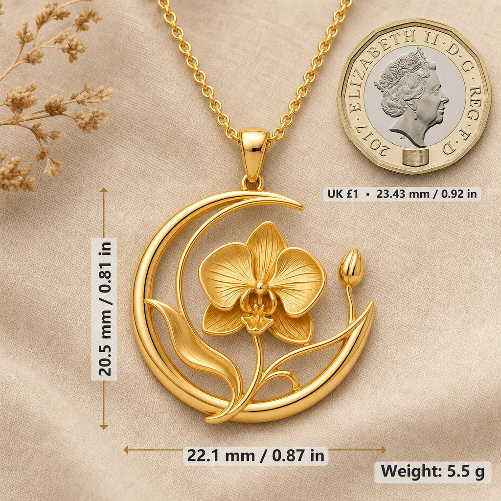 Moon Orchid Veil Pendant Necklace size guide, 20.5 by 22.1 mm
