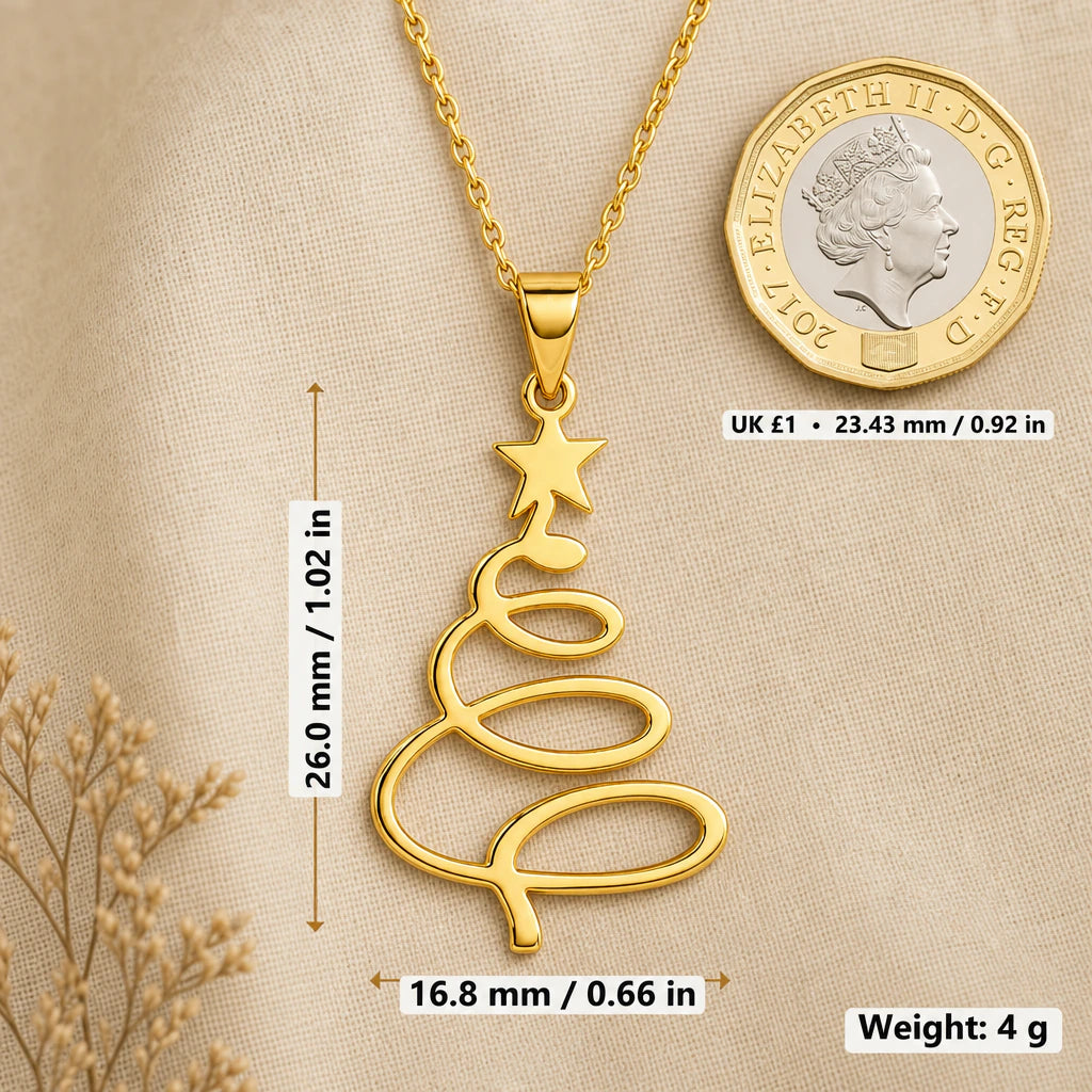 Spiral Christmas Tree Pendant Necklace size guide, 26 by 16.8 mm