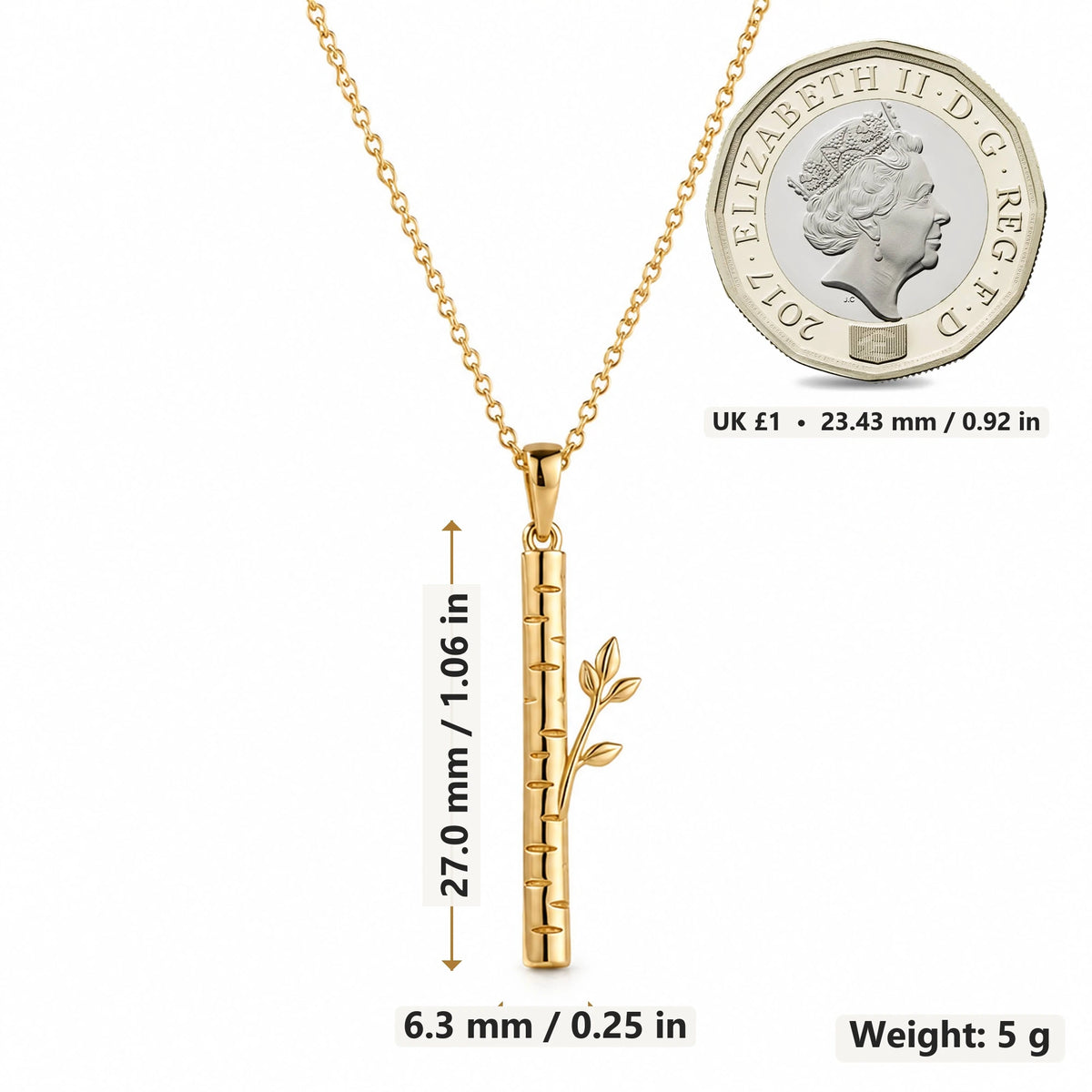 Birch Veil pendant necklace size image showing 27.0 mm height, 6.3 mm width and 5 g weight
