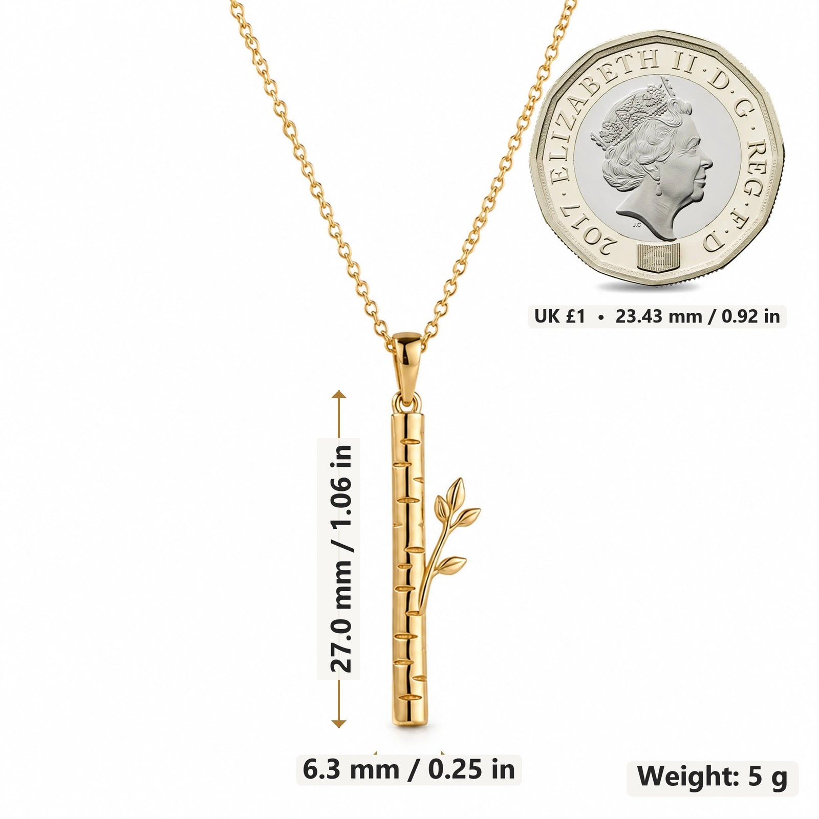 Birch Veil pendant necklace size image showing 27.0 mm height, 6.3 mm width and 5 g weight
