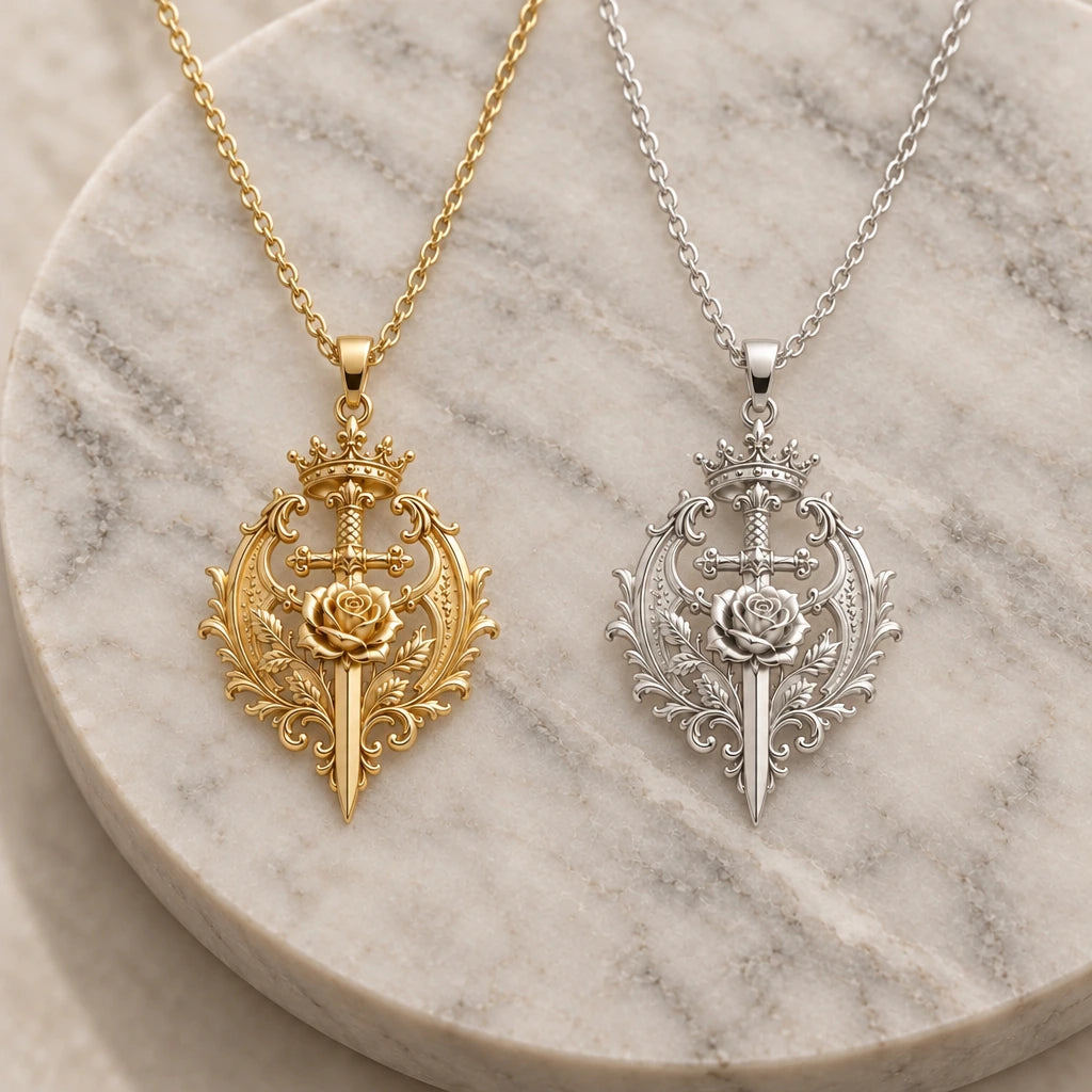 Sovereign Roseblade pendant necklace in silver and gold finishes side by side