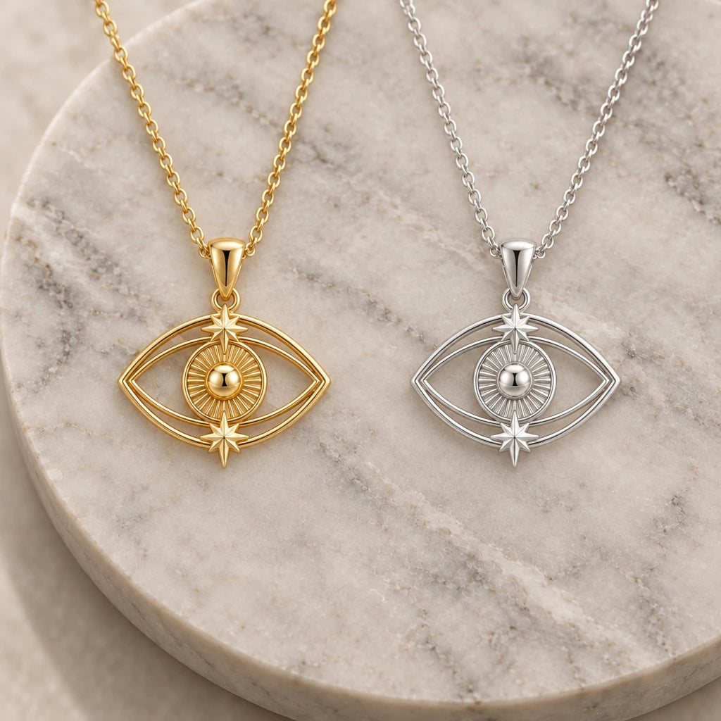 Evil Eye Luxe pendant necklace in silver and gold finishes side by side
