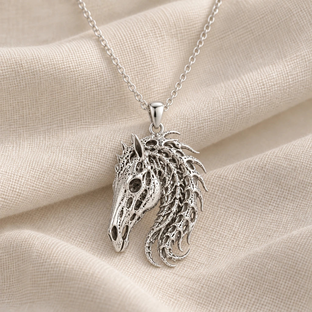 925 sterling silver sacred horse skull relic pendant necklace on cream fabric