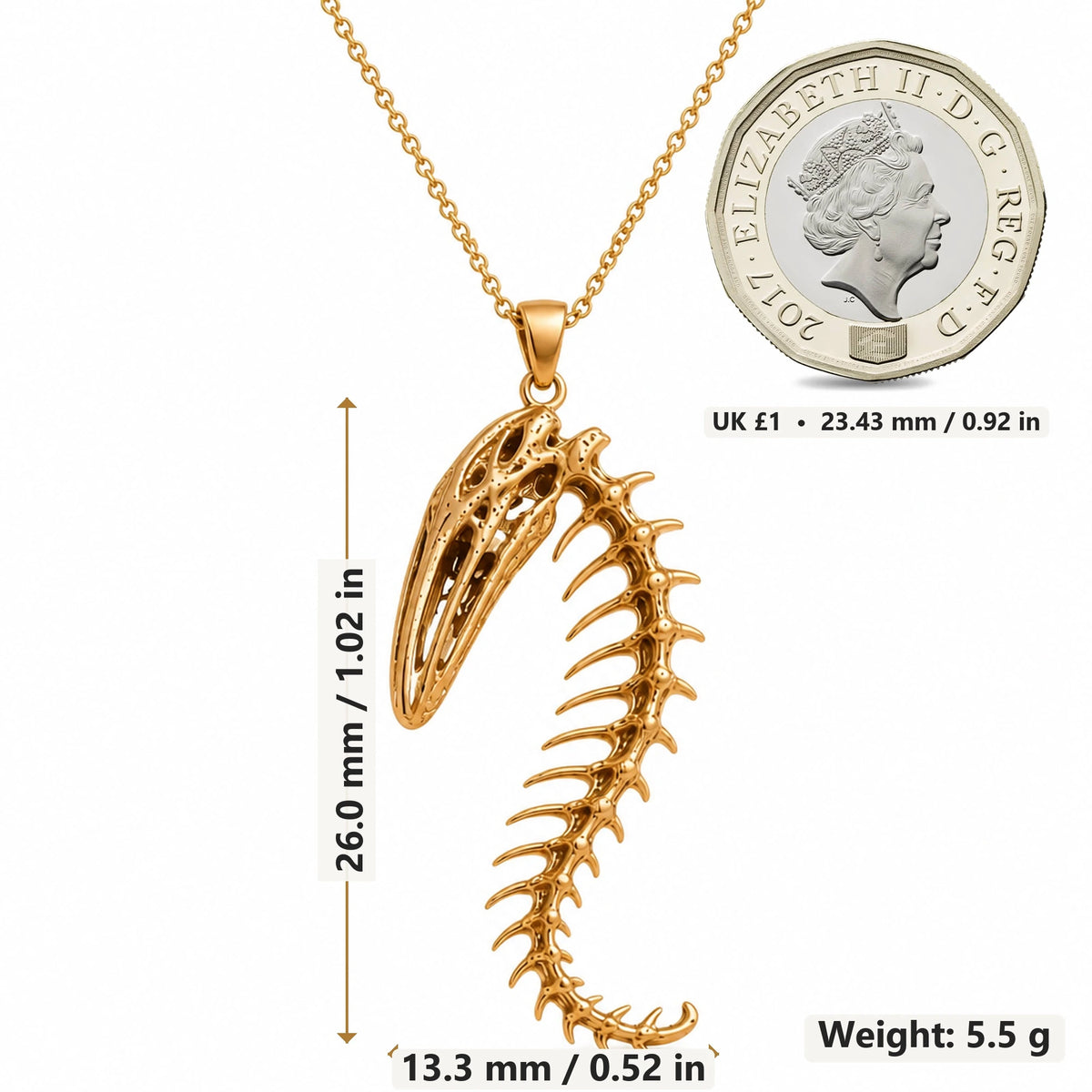 Whale Spine Relic pendant necklace size image showing 26.0 mm height, 13.3 mm width and 5.5 g weight