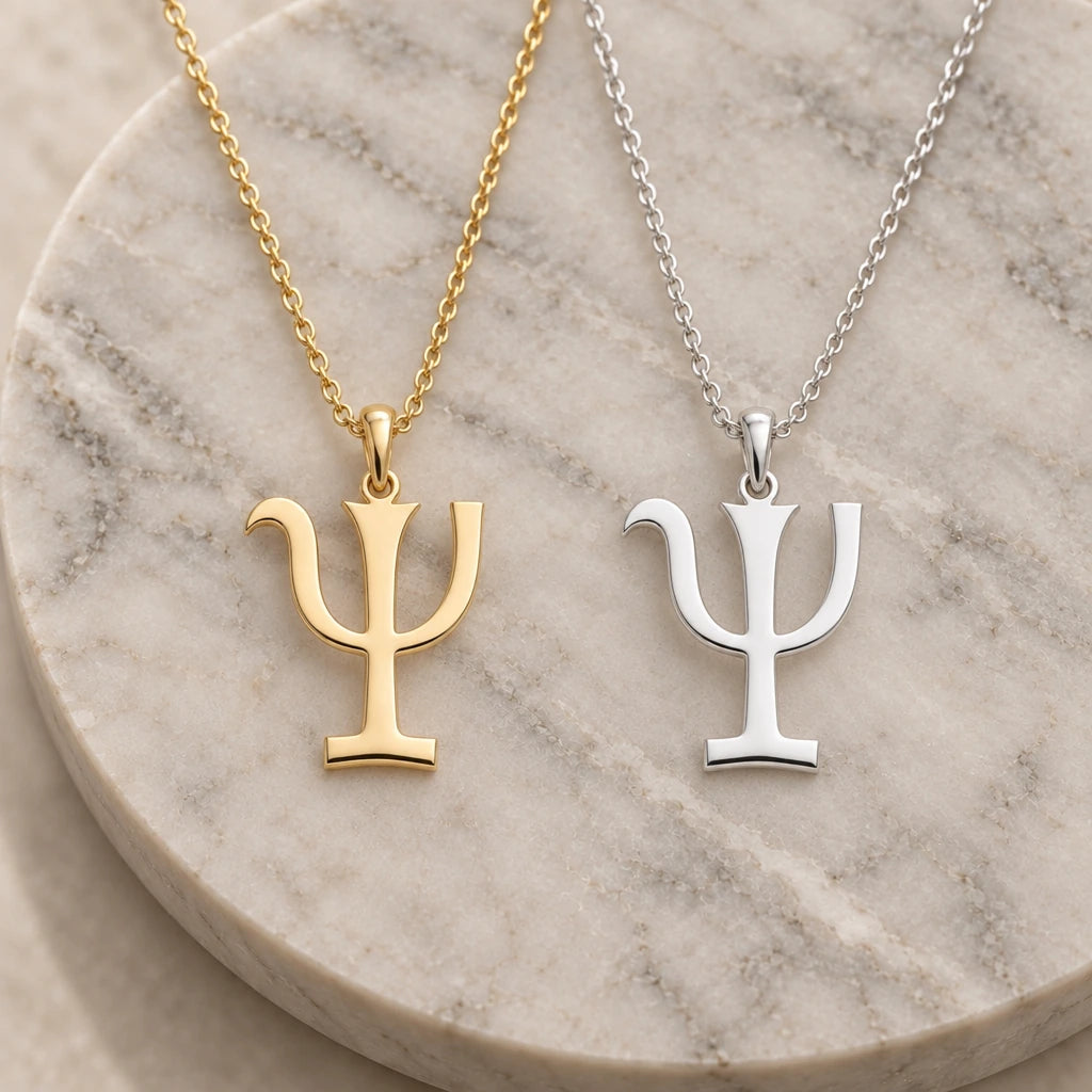 Psyche Asteroid Symbol pendant necklace in silver and gold finishes side by side