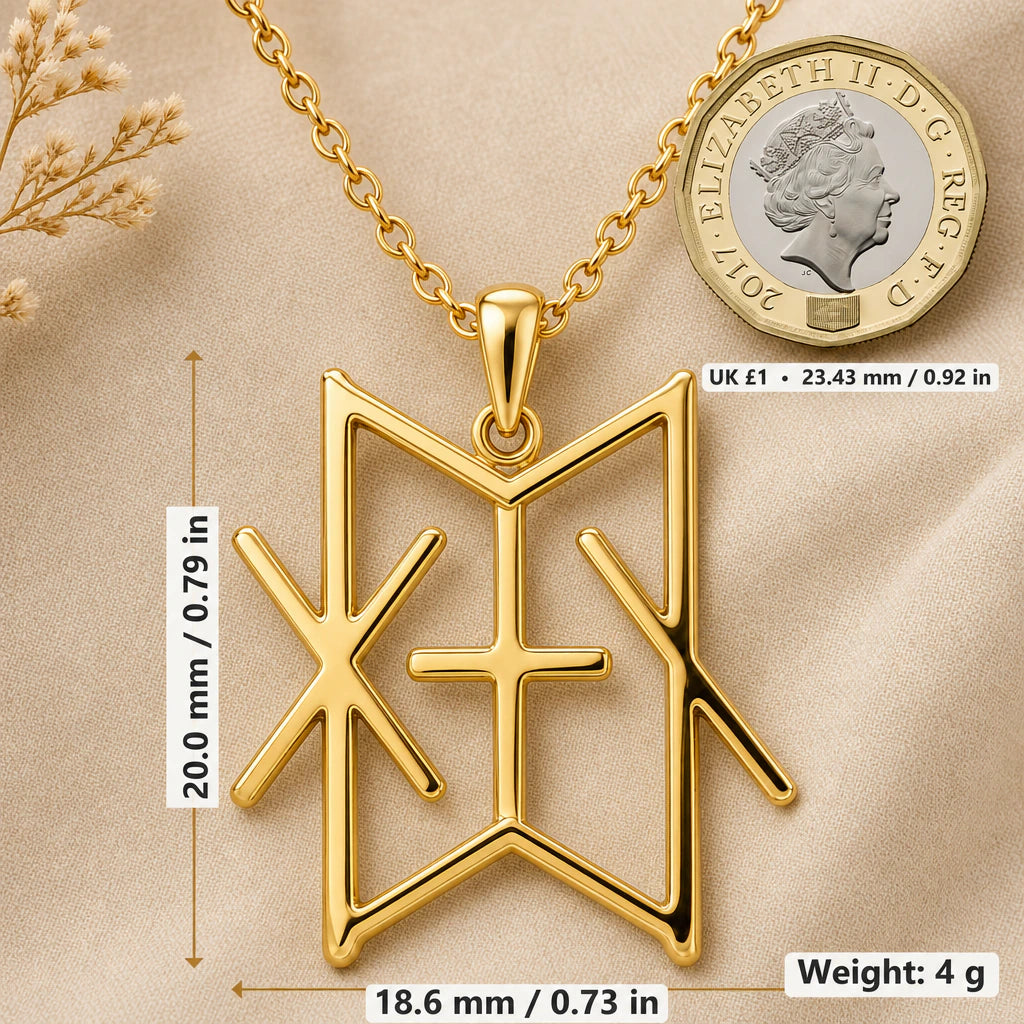 Viking Vital Energy Bind Rune Pendant Necklace size guide, 20 by 18.6 mm