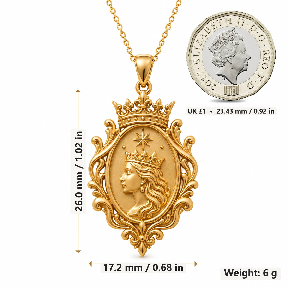 Queen Aura Cameo pendant necklace size image showing 26.0 mm height, 17.2 mm width and 6 g weight