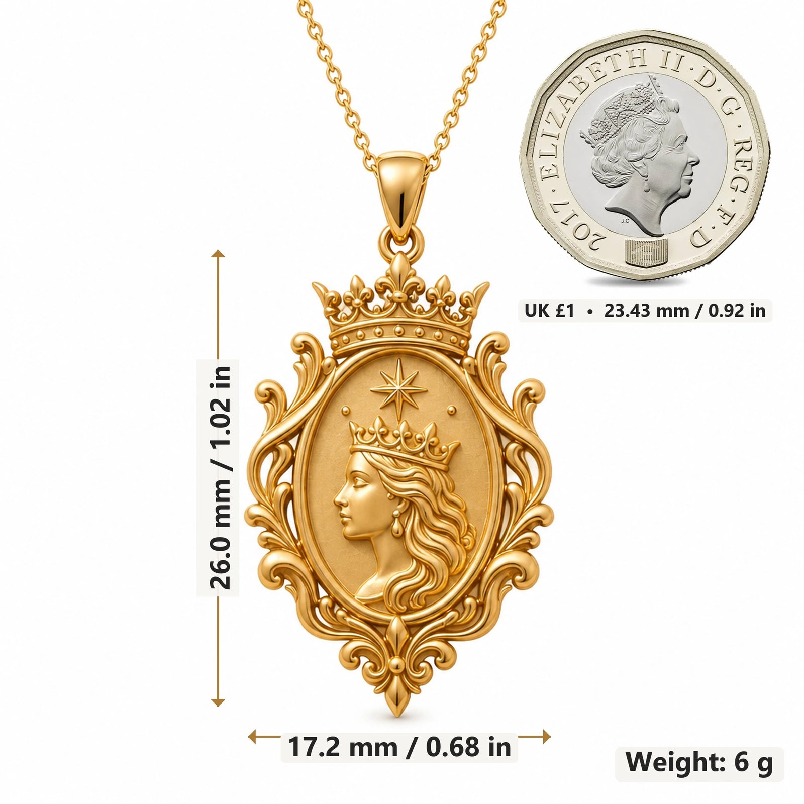 Queen Aura Cameo pendant necklace size image showing 26.0 mm height, 17.2 mm width and 6 g weight