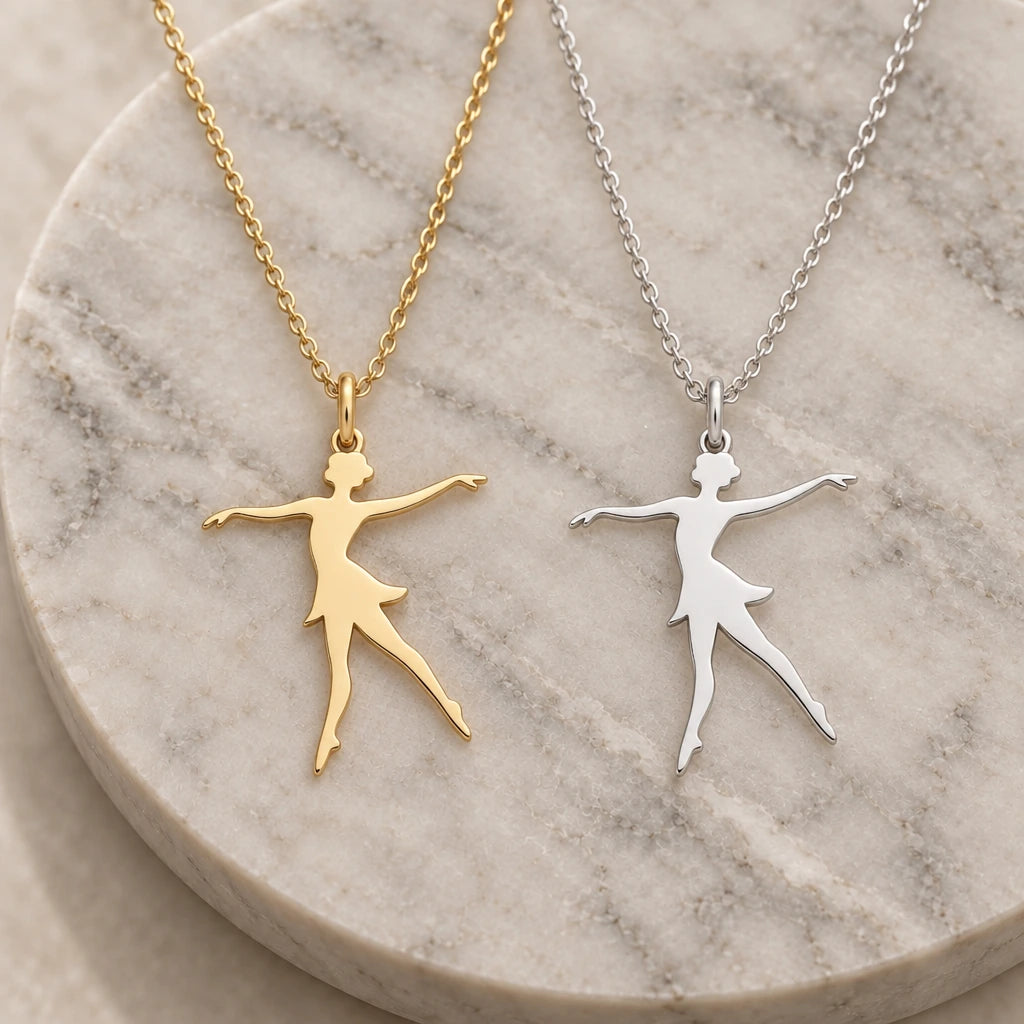 Ballet Dancer Lunge pendant necklace in silver and gold finishes side by side