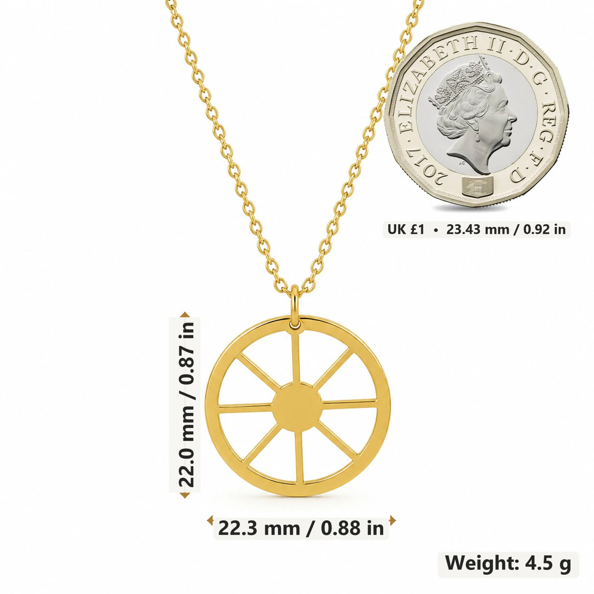 Sun Wheel Symbol pendant necklace size image showing 22 mm height and 22.3 mm width and 4.5 g weight