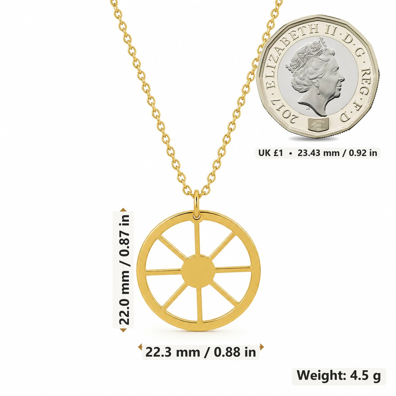Sun Wheel Symbol pendant necklace size image showing 22 mm height and 22.3 mm width and 4.5 g weight