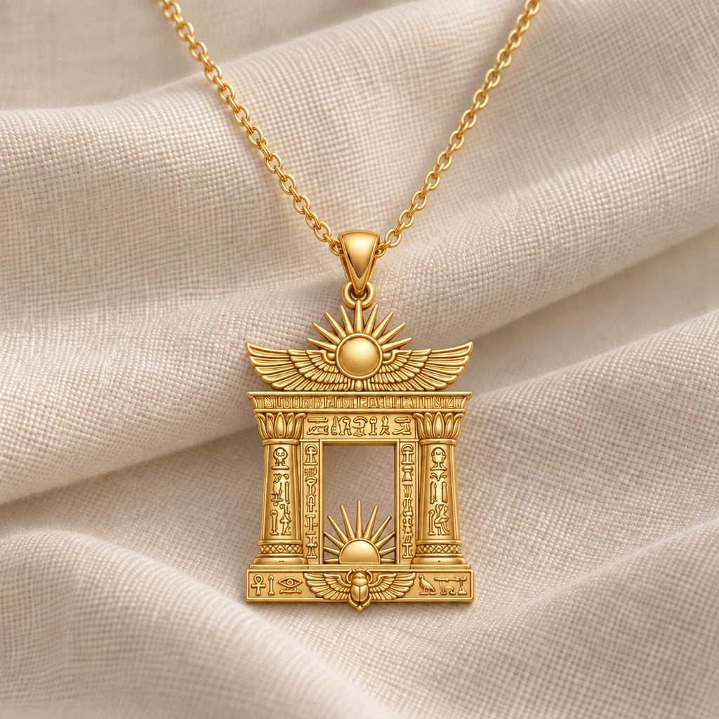 Egyptian Solar Gate pendant necklace in an 18k gold plated finish