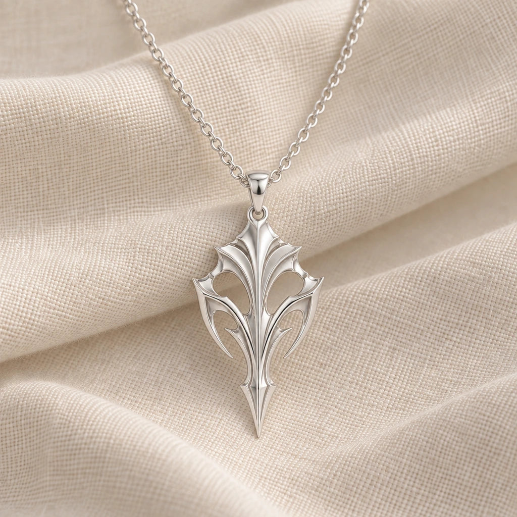 925 sterling silver eclipse armour blade pendant necklace on cream fabric
