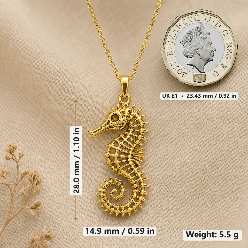 Sacred Seahorse Pendant Necklace size guide, 28 by 14.9 mm