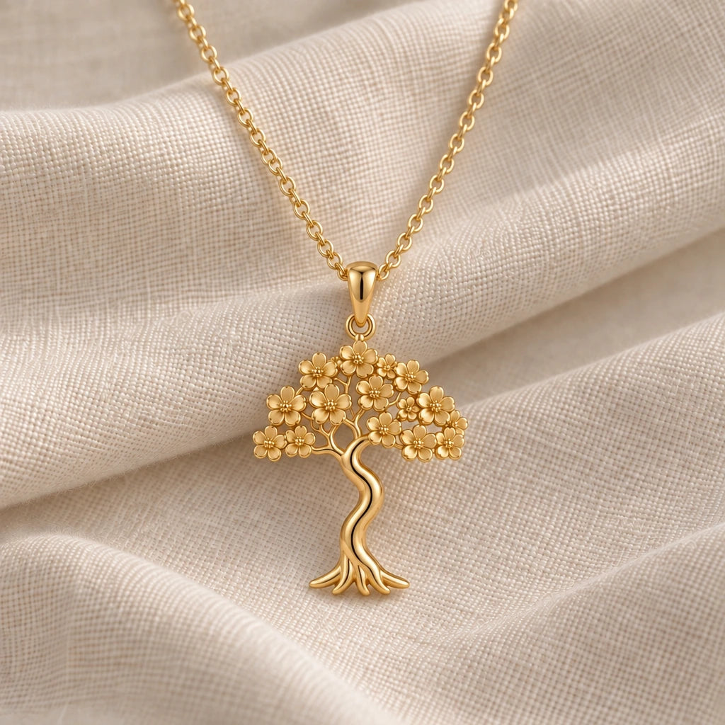 Sakura Bloom Tree pendant necklace in an 18k gold plated finish