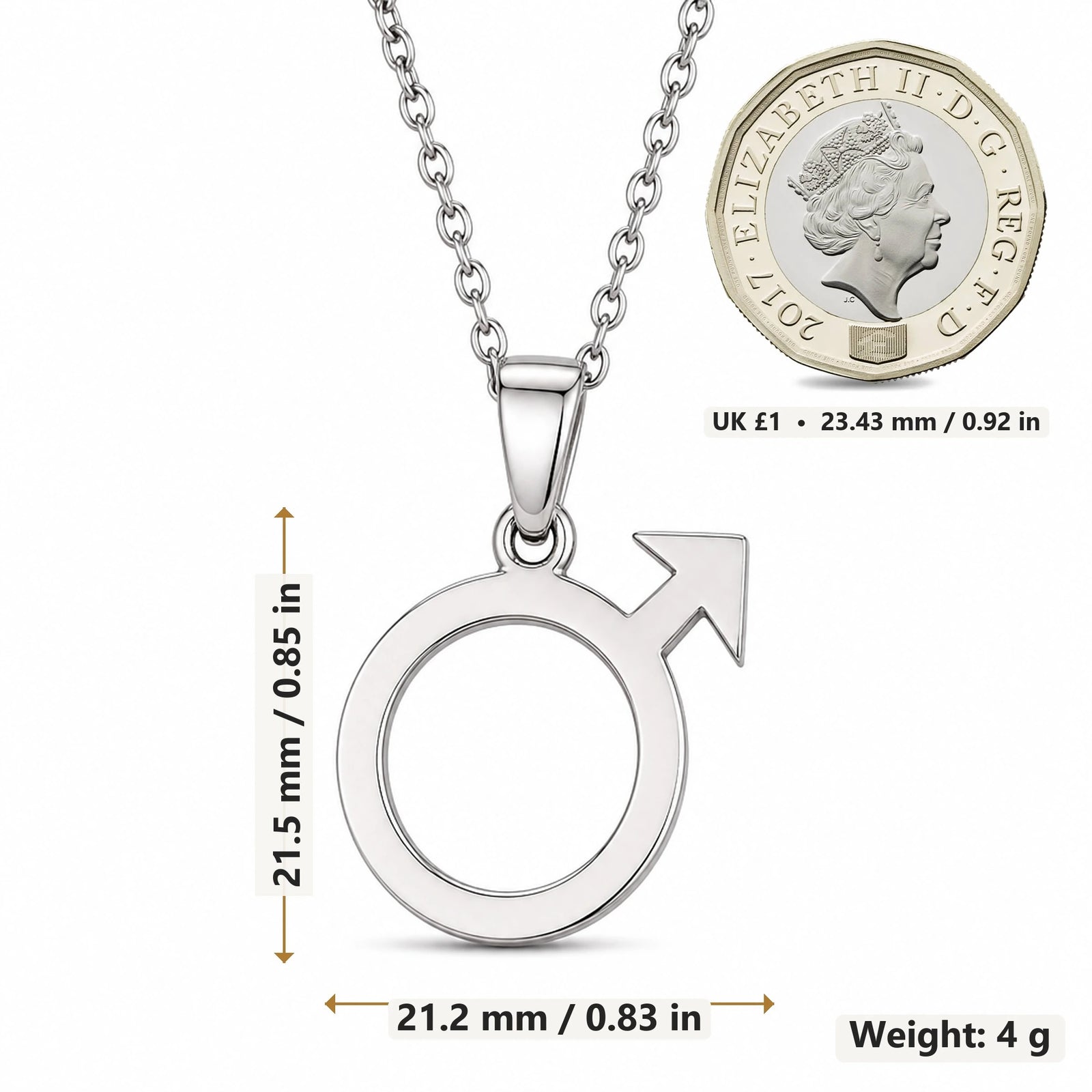 Mars Symbol pendant necklace size image showing 21.5 mm height, 21.2 mm width and 4 g weight