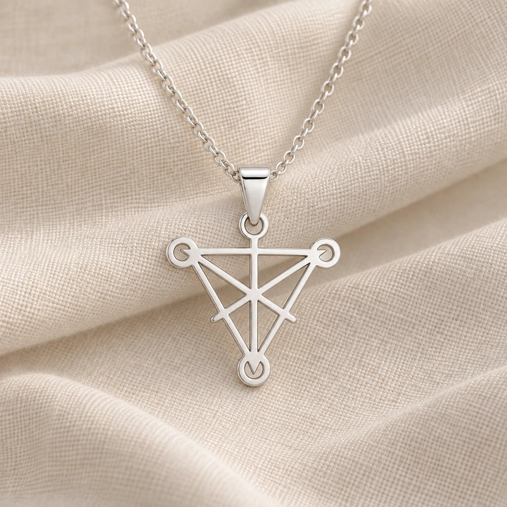 925 sterling silver tetractys symbol pendant necklace on cream fabric