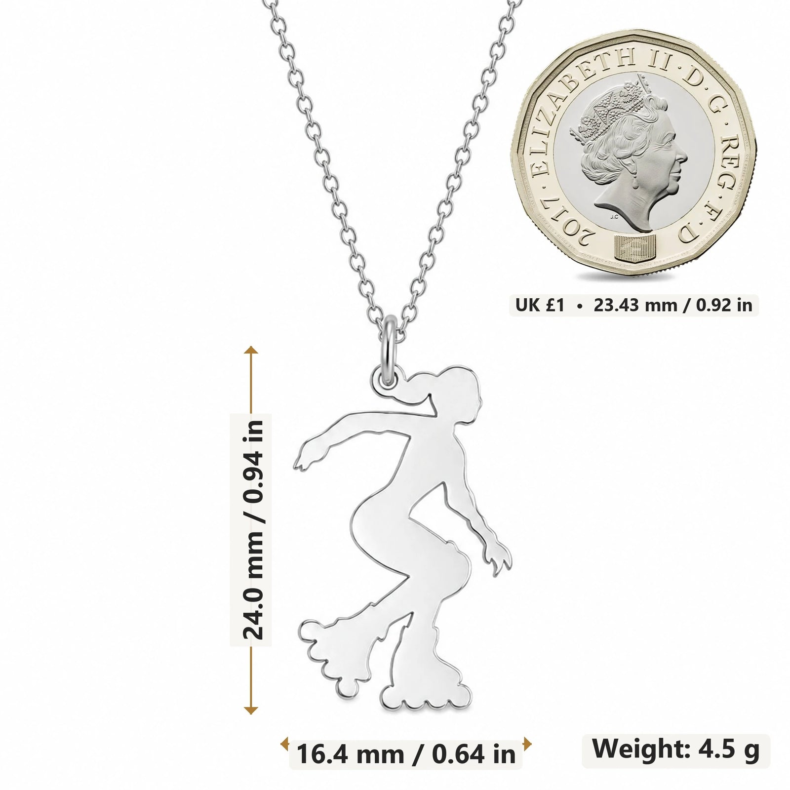 Roller Skater pendant necklace size image showing 24.0 mm height, 16.4 mm width and 4.5 g weight