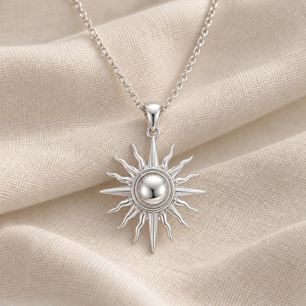 925 sterling silver sun relic pendant necklace on cream fabric