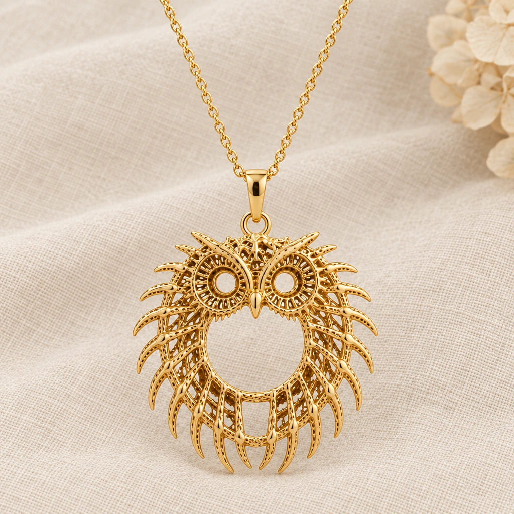 Fossil Owl Halo pendant necklace in a warm gold finish on cream fabric