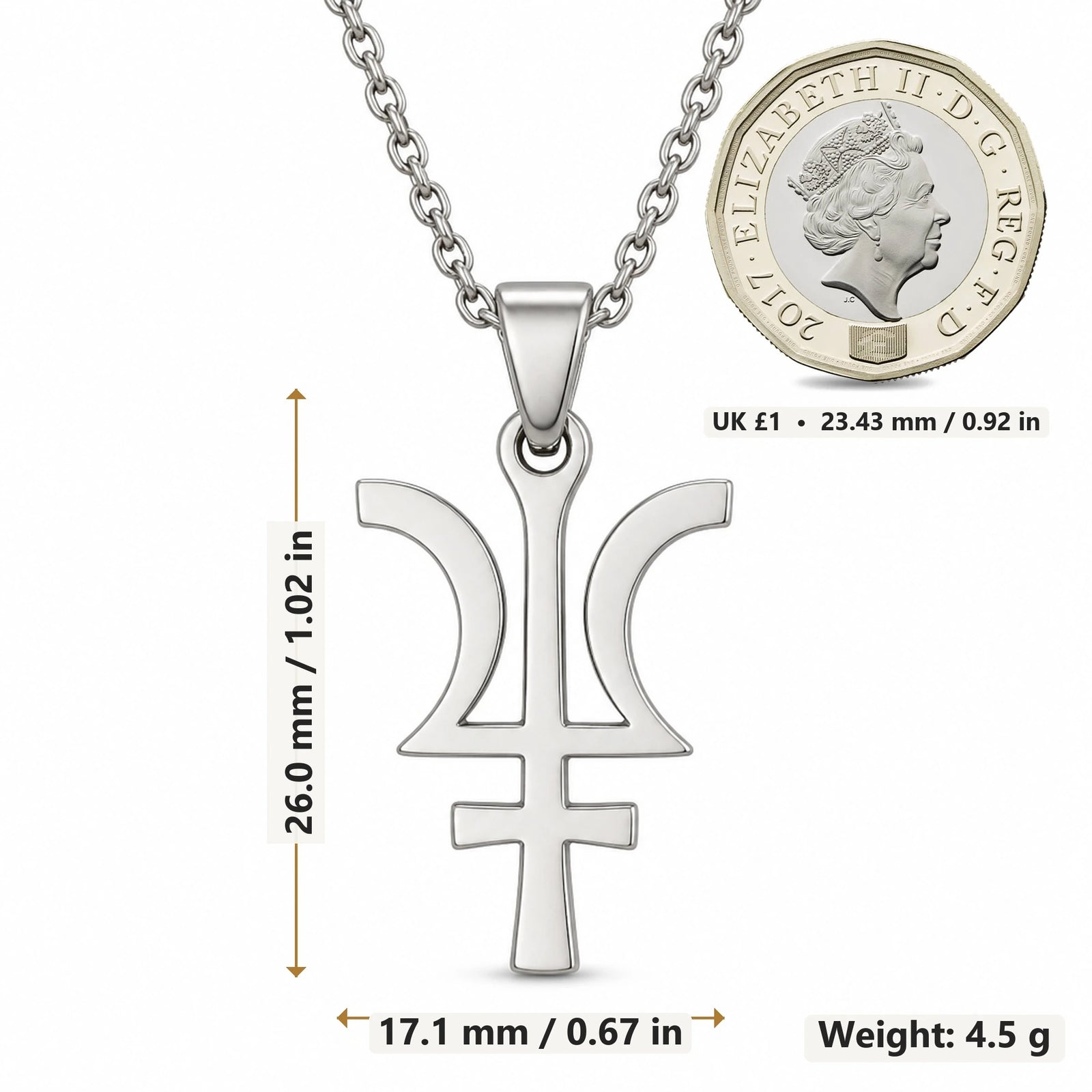 Neptune Symbol pendant necklace size image showing 26.0 mm height, 17.1 mm width and 4.5 g weight