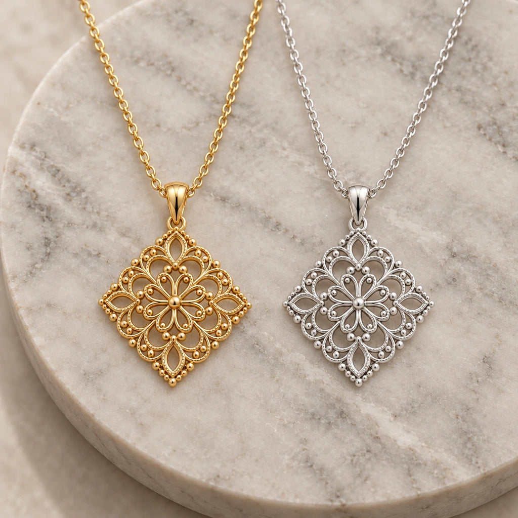 Lace Filigree pendant necklace in silver and gold finishes side by side