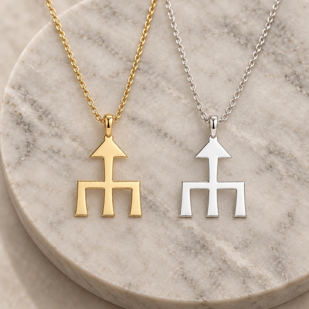 Themis Asteroid Symbol pendant necklace in silver and gold finishes side by side