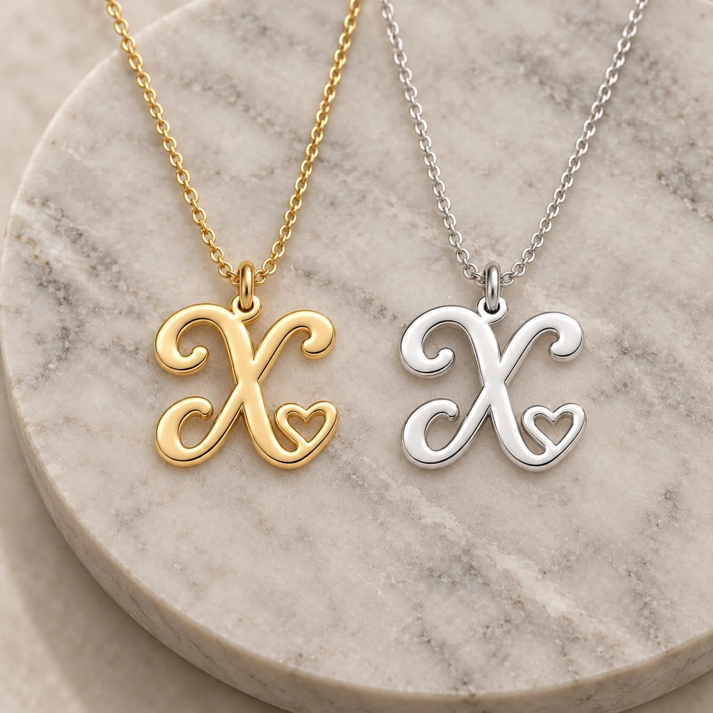 Silver and gold x initial heart pendant necklaces side by side on marble