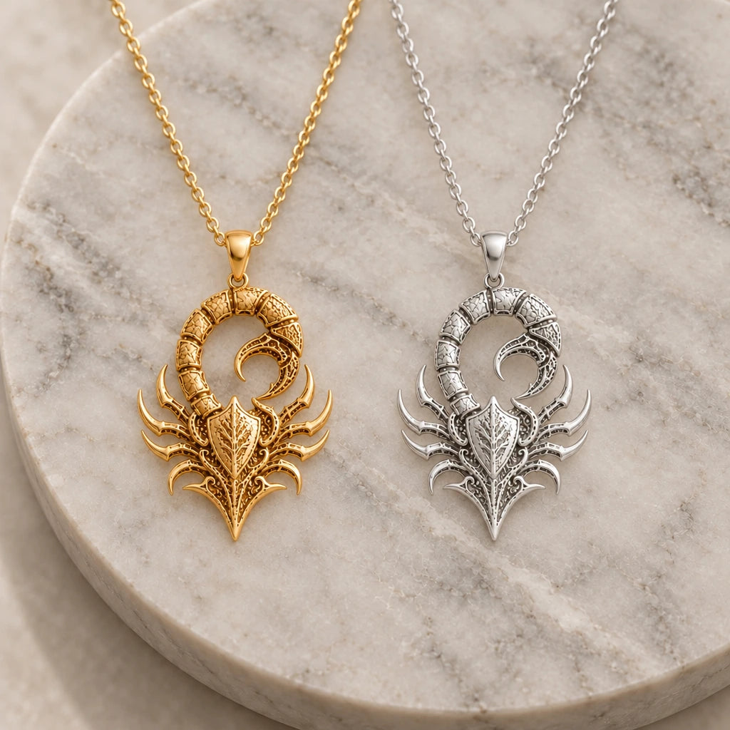 Fossil Scorpion Crest pendant necklace in silver and gold finishes side by side