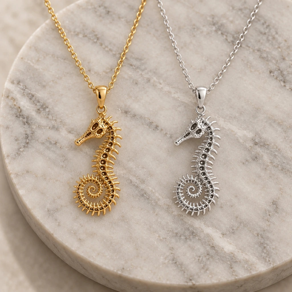 Fossil Seahorse Spine pendant necklace in silver and gold finishes side by side