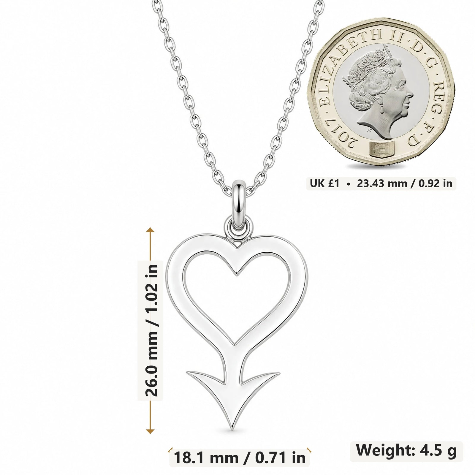 Cupido Asteroid Symbol pendant necklace size image showing 26.0 mm height, 18.1 mm width and 4.5 g weight