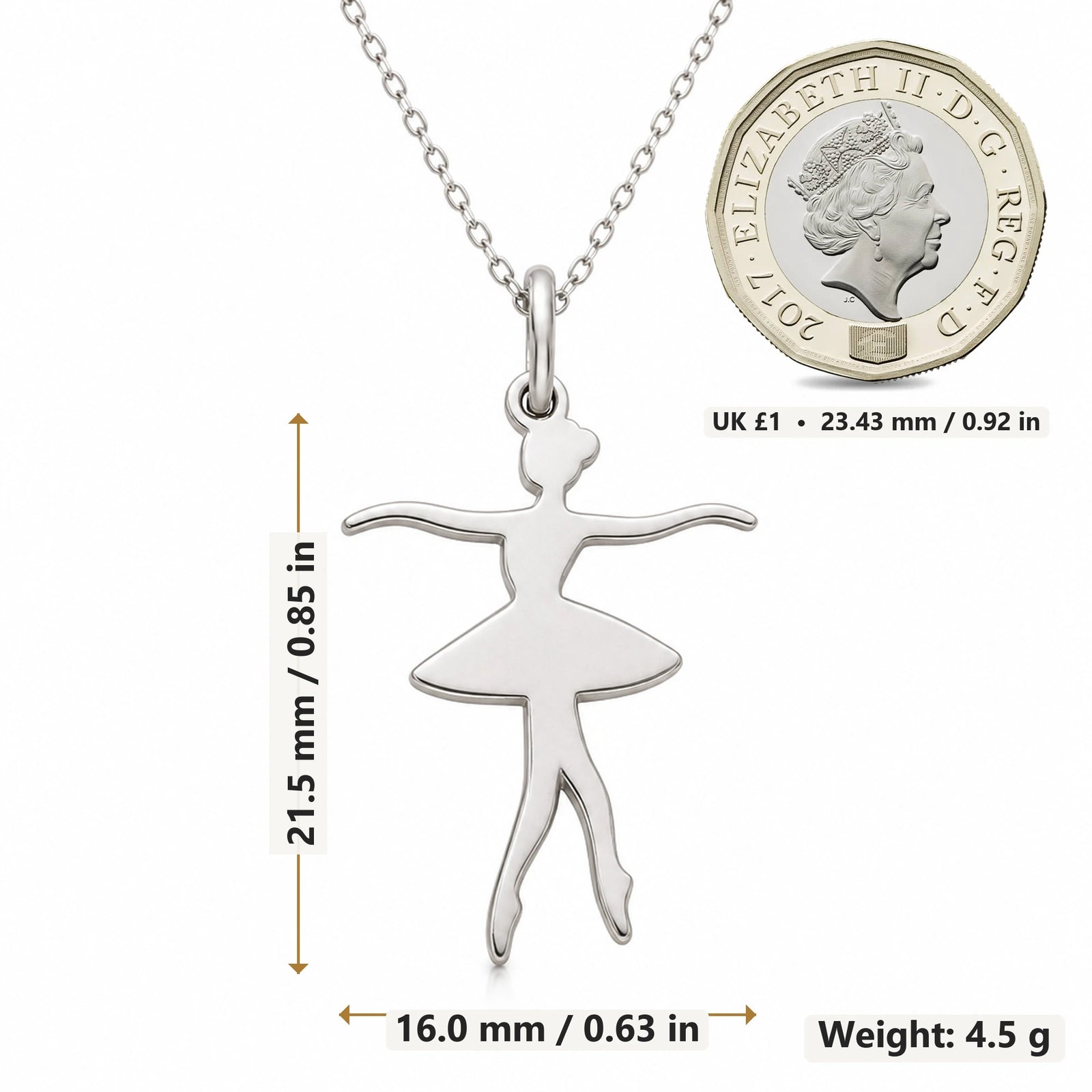 Ballerina Tutu pendant necklace size image showing 21.5 mm height, 16.0 mm width and 4.5 g weight