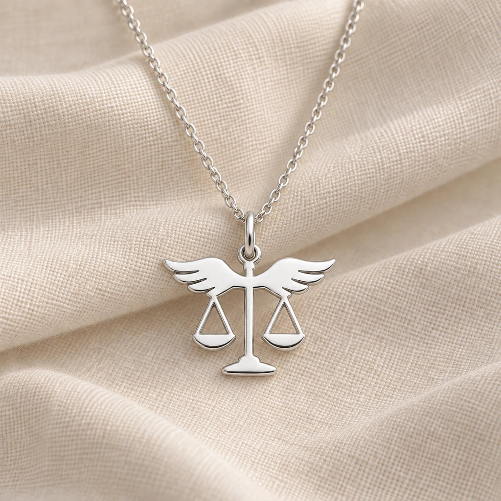 925 sterling silver winged scales of justice pendant necklace on cream fabric