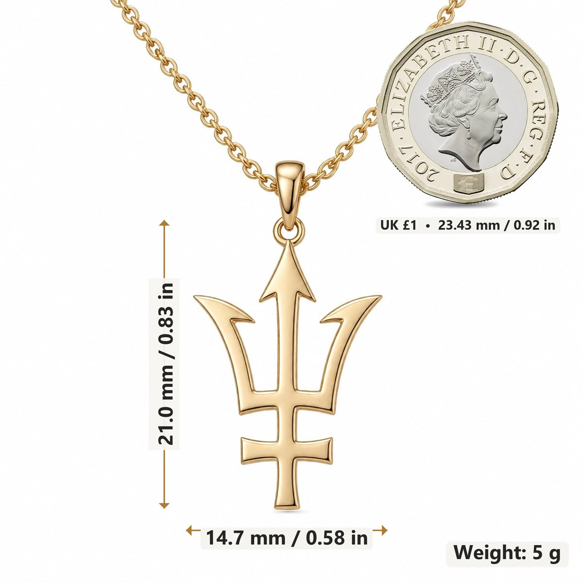Neptune Trident Symbol pendant necklace size image showing 21.0 mm height, 14.7 mm width and 5 g weight