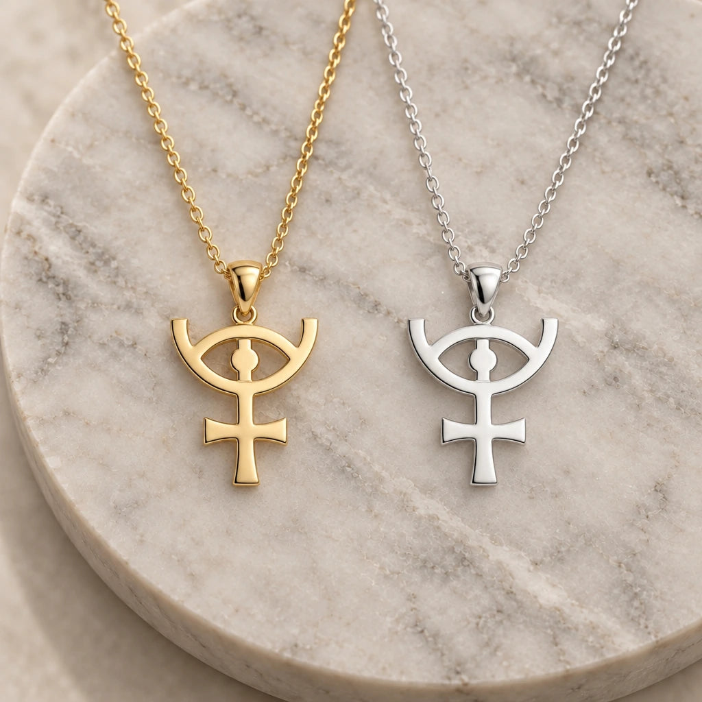 Osiris Symbol pendant necklace in silver and gold finishes side by side