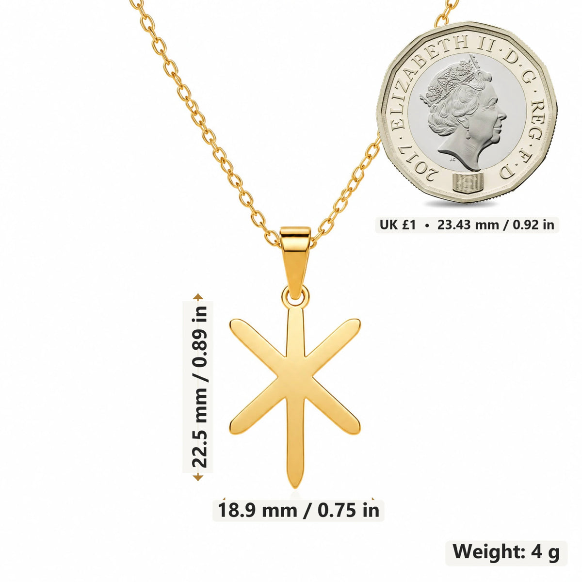 Viking Gebo Isa Bind Rune pendant necklace size image showing 22.5 mm height and 18.9 mm width and 4 g weight