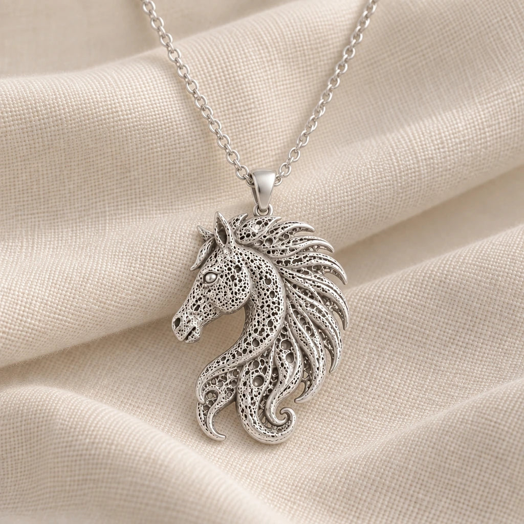 925 sterling silver fossil horse crest pendant necklace on cream fabric