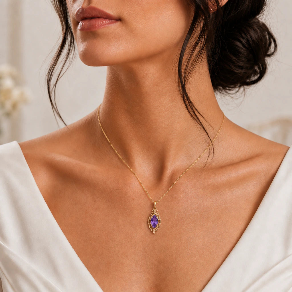 Open Scroll Custom Birthstone Pendant Necklace worn, second view