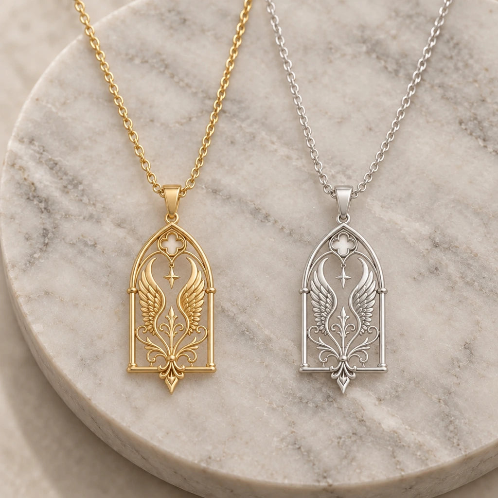 Queen Seraph Window pendant necklace in silver and gold finishes side by side