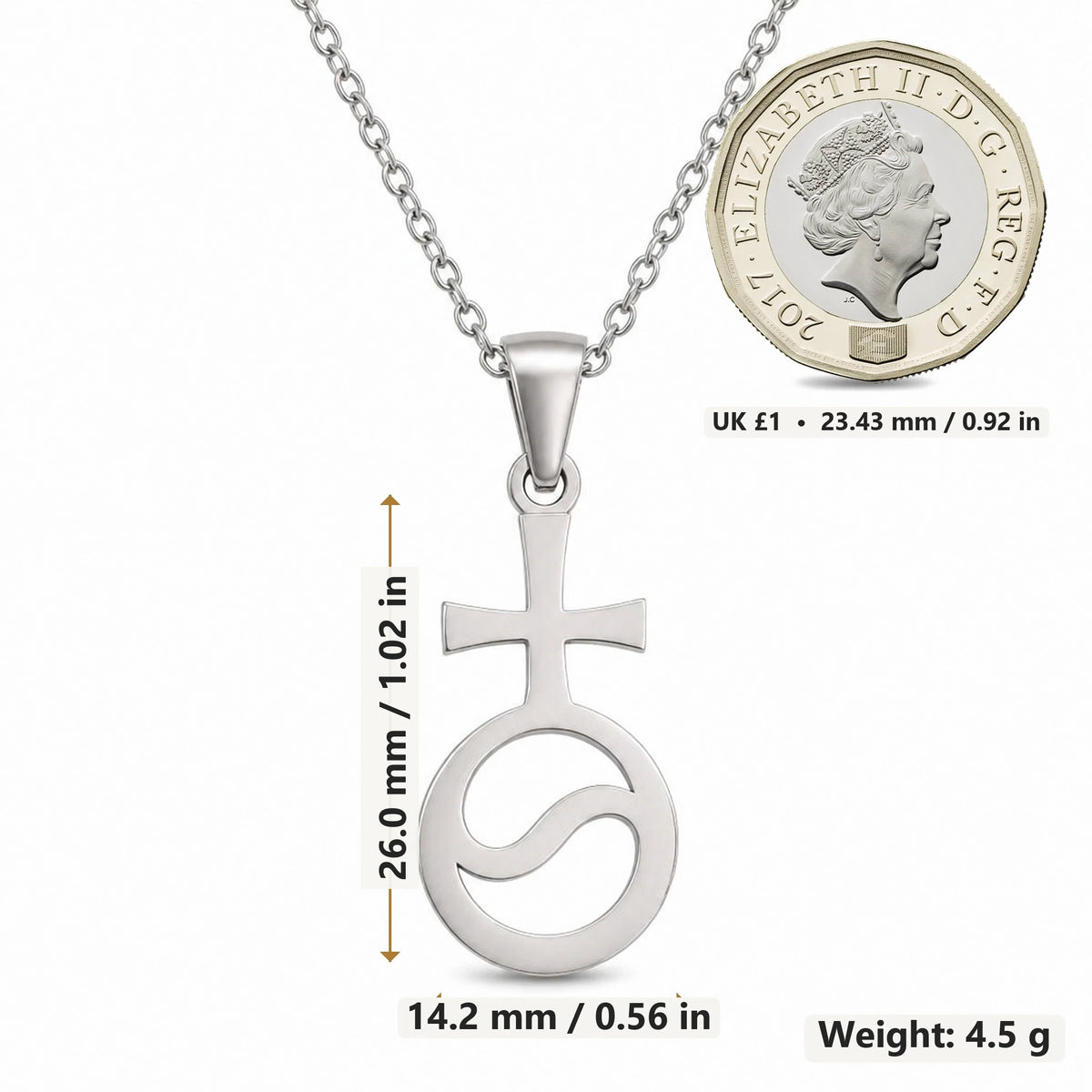 Thetis Asteroid Symbol pendant necklace size image showing 26.0 mm height, 14.2 mm width and 4.5 g weight