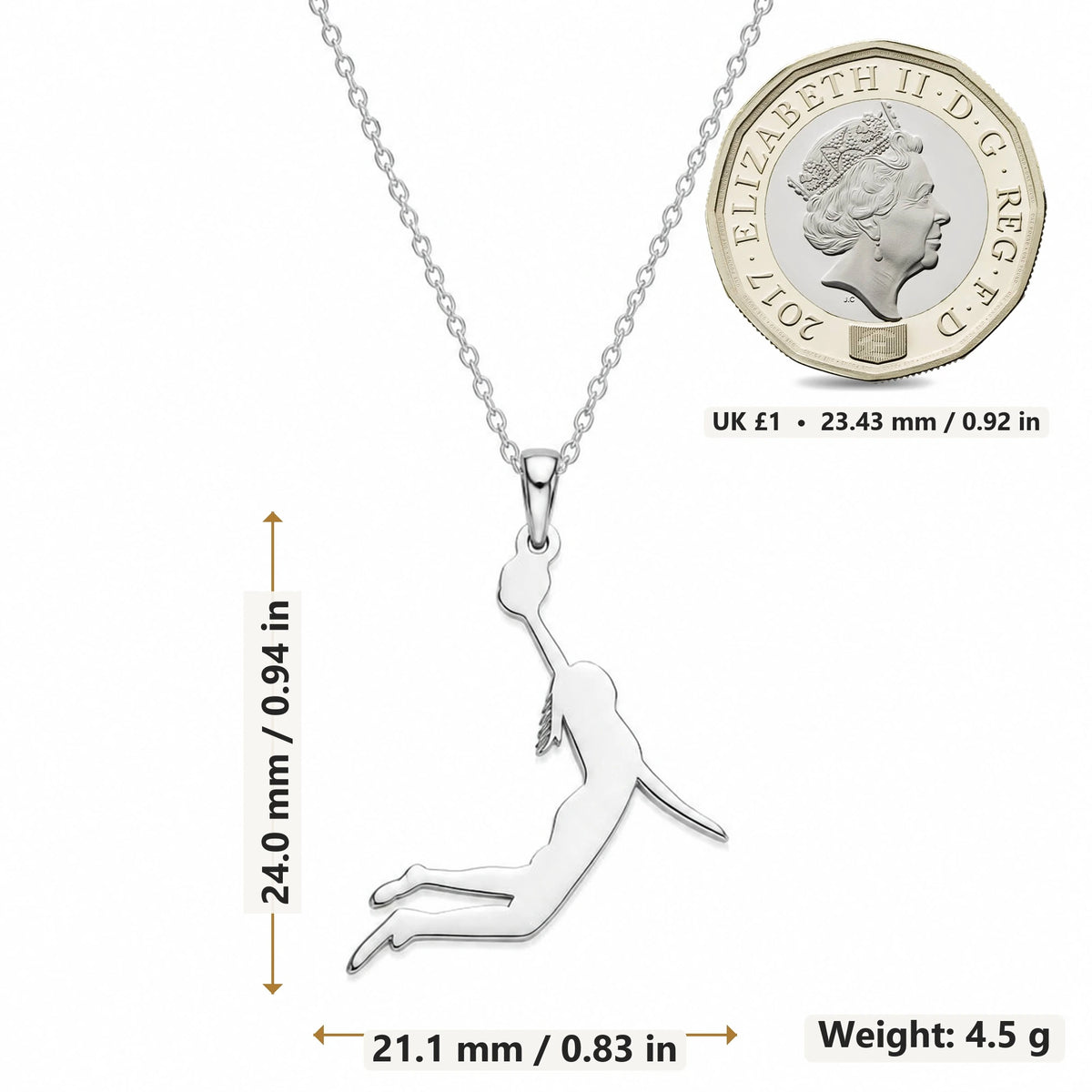 Female Basketball Player pendant necklace size image showing 24.0 mm height, 21.1 mm width and 4.5 g weight