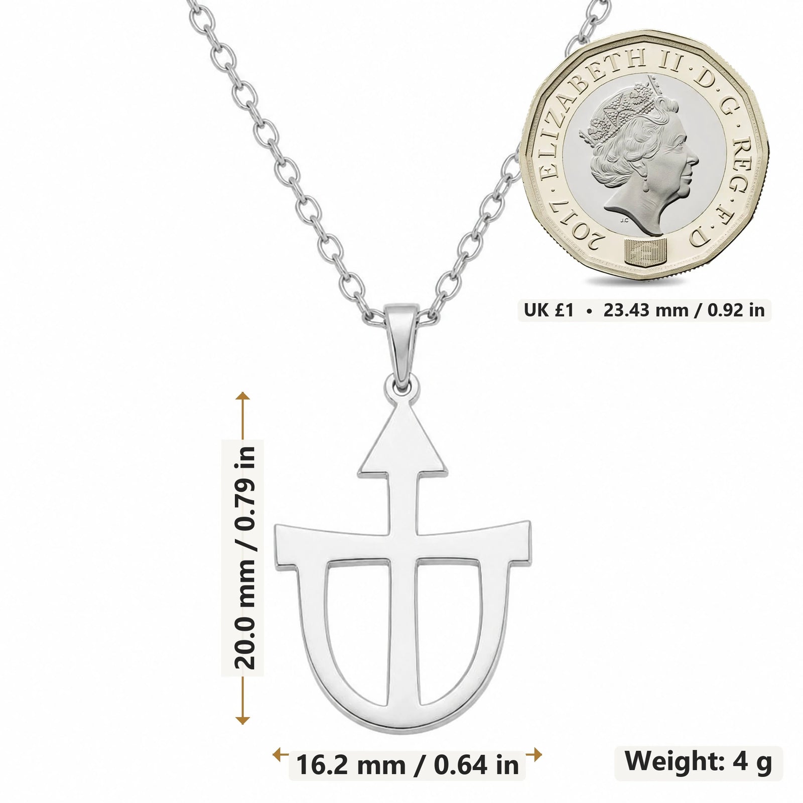 Teutonia Asteroid Symbol pendant necklace size image showing 20.0 mm height, 16.2 mm width and 4 g weight