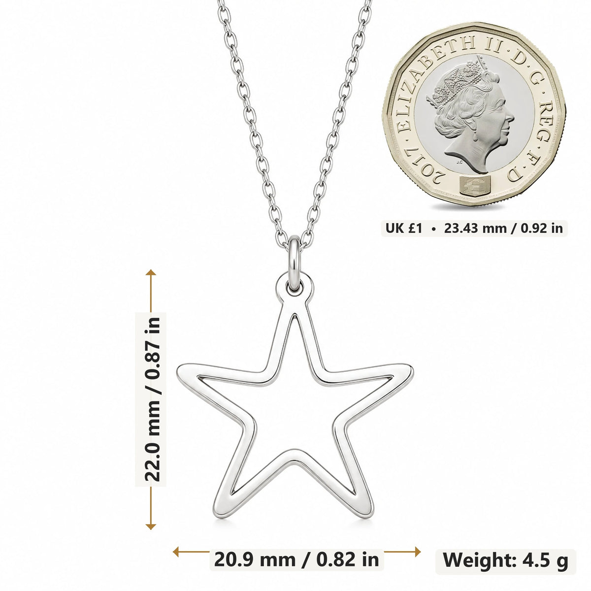 Starfish Outline pendant necklace size image showing 22.0 mm height, 20.9 mm width and 4.5 g weight