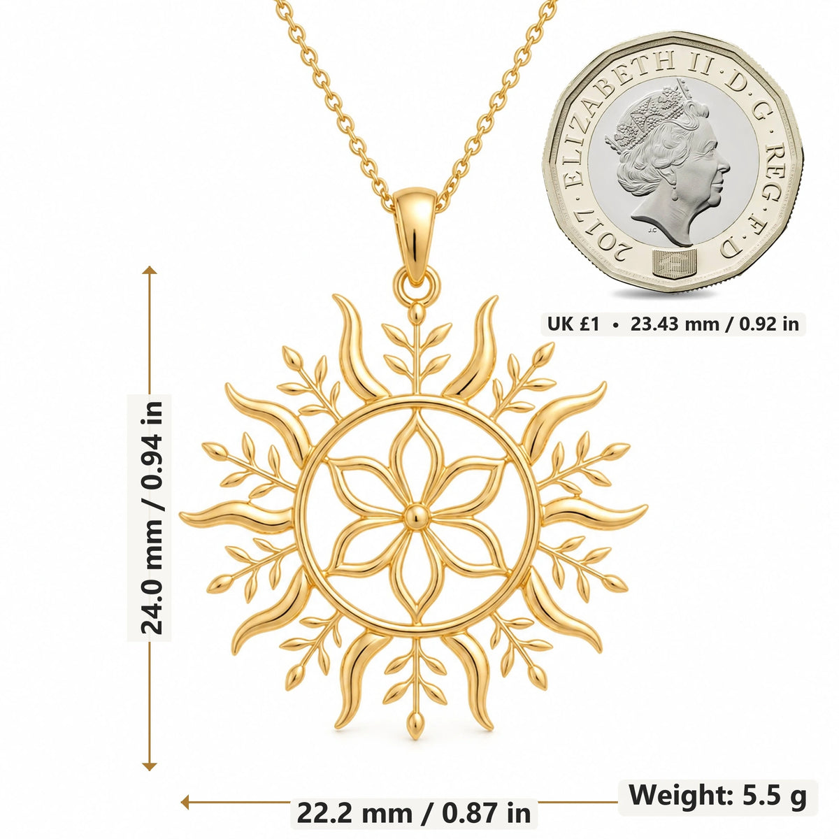 Solstice Bloom pendant necklace size image showing 24.0 mm height, 22.2 mm width and 5.5 g weight