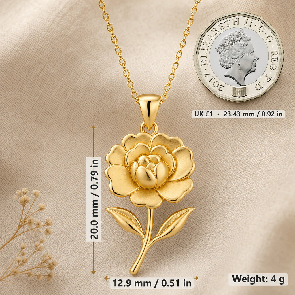 Begonia necklace size image showing 20 mm height, 12.9 mm width and 4 g weight beside a UK pound coin