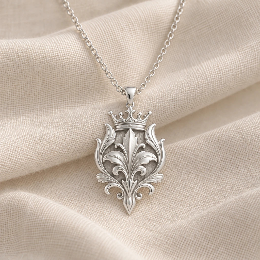 925 sterling silver royal lily crest pendant necklace on cream fabric