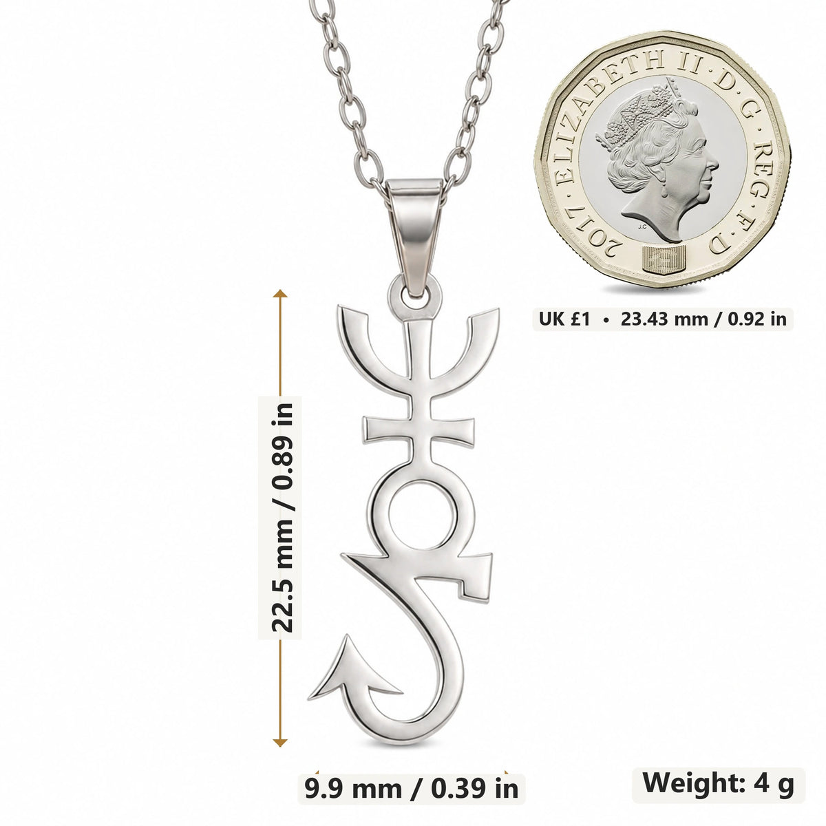 Apophis Asteroid Symbol pendant necklace size image showing 22.5 mm height, 9.9 mm width and 4 g weight