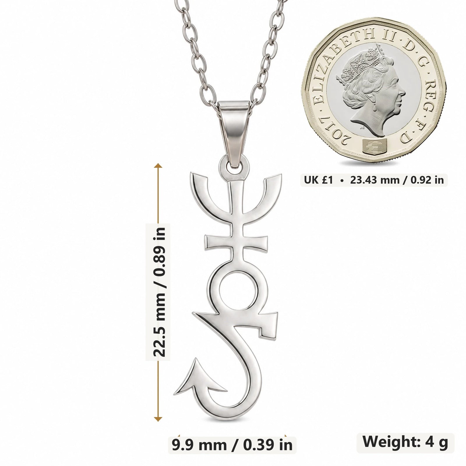 Apophis Asteroid Symbol pendant necklace size image showing 22.5 mm height, 9.9 mm width and 4 g weight