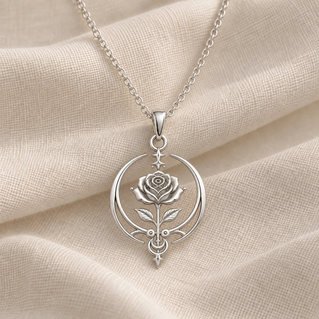 925 sterling silver eternal rose sigil pendant necklace on cream fabric